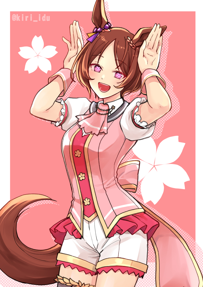 1girl :d animal_ears ascot bow breasts brown_hair cherry_blossoms cowboy_shot ear_bow flower-shaped_pupils frilled_shirt frills highres horse_ears horse_girl horse_tail kirihara_izumi looking_at_viewer medium_breasts open_mouth pink_ascot pink_background pink_vest puffy_short_sleeves puffy_sleeves purple_bow rabbit_pose sakura_laurel_(umamusume) shirt short_hair short_sleeves shorts smile solo symbol-shaped_pupils tail umamusume vest white_shirt white_shorts