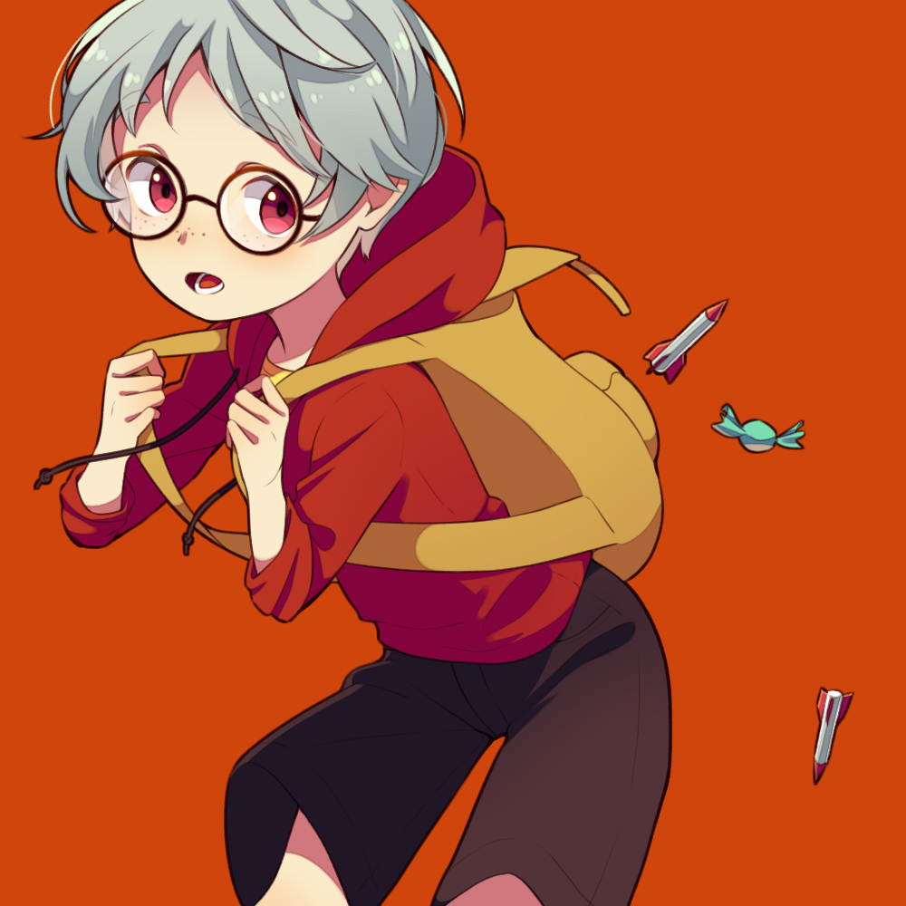 1boy black_pants brown_bag candy drawstring freckles grey_hair hood hooded_sweater lloyd_(mother) long_sleeves looking_to_the_side lower_teeth_only male_focus mother_(series) mother_1 nintendo orange_background pants red_eyes red_sweater rocket shifumame shirt short_hair solo sweater teeth wrapped_candy yellow_shirt