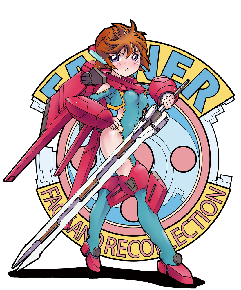 10s 1girl :o arm_cutout armor blush bodysuit breasts canon_memphis clothing_cutout fafner_babalon_model female_focus leg_cutout looking_at_viewer mecha_musume mecha_pilot_suit pilot_suit purple_eyes red_hair short_hair side_cutout solo soukyuu_no_fafner sword synergetic_suit washio_naohiro weapon