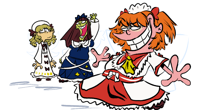 3girls blonde_hair blue_dress brown_hair closed_mouth commentary cosplay dress ed_(ed_edd_n_eddy) ed_(ed_edd_n_eddy)_(cosplay) ed_edd_n_eddy edd_(ed_edd_n_eddy) edd_(ed_edd_n_eddy)_(cosplay) eddy_(ed_edd_n_eddy) eddy_(ed_edd_n_eddy)_(cosplay) english_commentary full_body harsieseboann long_sleeves looking_at_viewer luna_child medium_hair multiple_girls open_mouth orange_hair parody short_sleeves simple_background standing star_sapphire sunny_milk teeth touhou white_background white_dress