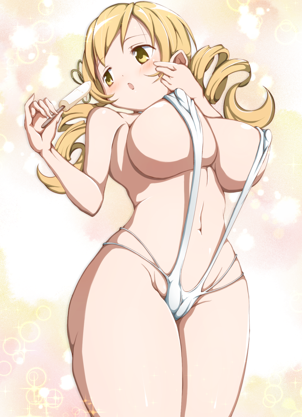 1girl blonde_hair blush breasts dai_toro female_focus food highres long_hair mahou_shoujo_madoka_magica popsicle slingshot_swimsuit solo swimsuit tomoe_mami yellow_eyes
