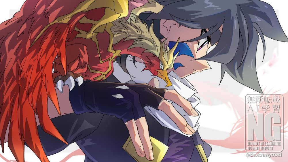 1boy bakuten_shoot_beyblade beyblade beyblade_(object) black_gloves black_hair blue_hair facial_mark fingerless_gloves from_side gloves grey_background hiwatari_kai looking_at_viewer male_focus multicolored_hair profile purple_eyes scarf short_hair solo_focus suzaku tkoknmy0321 twitter_username two-tone_hair upper_body watermark white_scarf