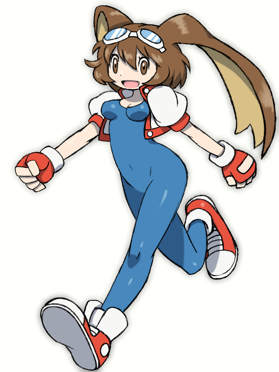 1girl :d animal_ears beeru_(veil8801) blue_bodysuit bodysuit breasts brown_eyes brown_hair cleavage covered_navel cropped_jacket fingerless_gloves floppy_ears full_body gloves goggles goggles_on_head hair_between_eyes highres jacket leg_up makihara_arina medium_breasts open_clothes open_jacket open_mouth puffy_short_sleeves puffy_sleeves rabbit_ears red_gloves red_shoes running shoes short_hair short_sleeves simple_background smile sneakers solo waku_waku_7 white_background white_jacket