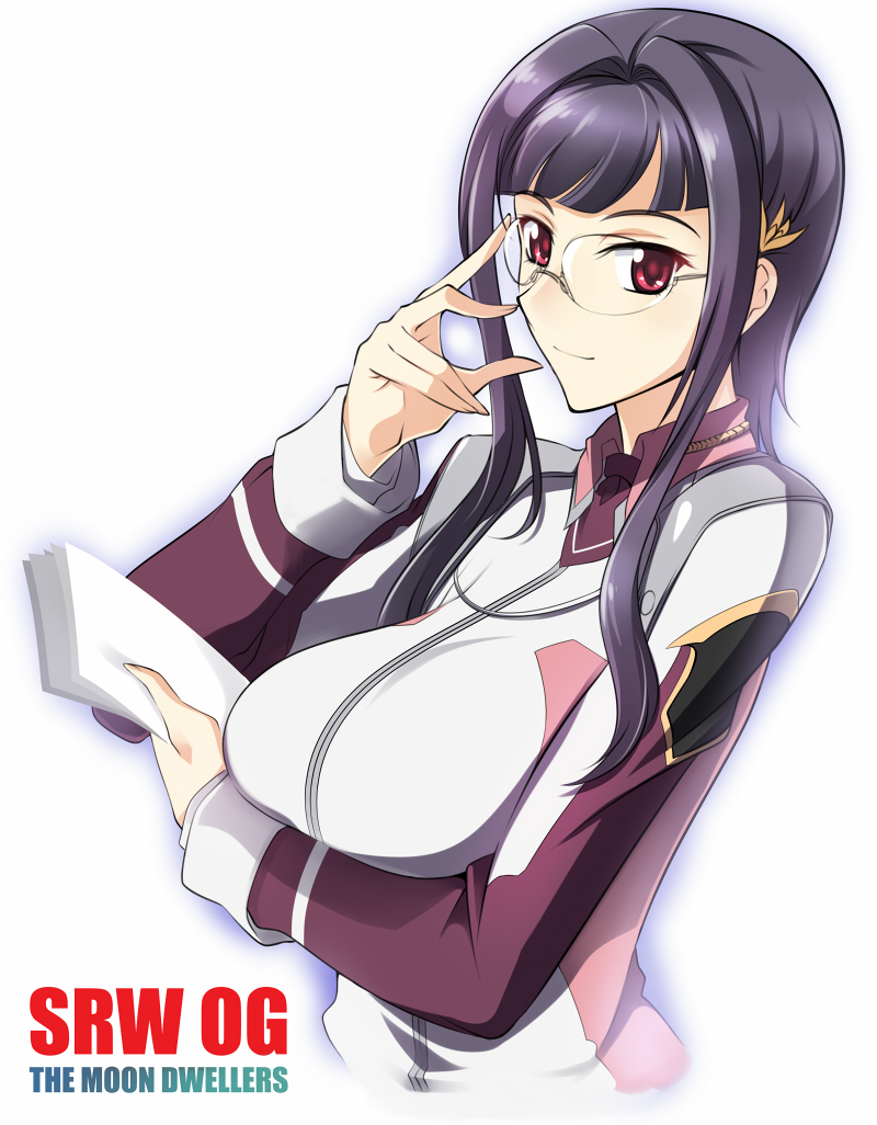 1girl black_hair breasts copyright_name female_focus glasses haganef hair_ornament holding holding_paper large_breasts light_smile long_sleeves looking_at_viewer paper purple_hair red_eyes red_hair rimless_eyewear short_hair short_hair_with_long_locks sidelocks simple_background smile solo super_robot_wars super_robot_wars_og_moon_dwellers super_robot_wars_original_generation upper_body white_background yon_gebana
