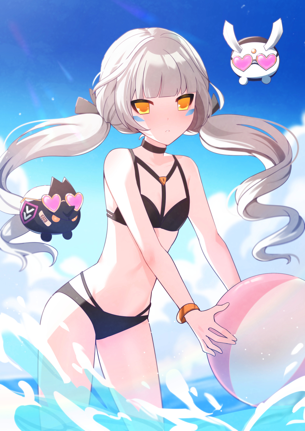 1girl alternate_costume alternate_hairstyle android ball beachball bikini black_bikini black_choker black_ribbon blue_sky blunt_bangs bracelet breasts choker cloud commentary day elsword eve_(elsword) facial_mark floating glasses grey_hair hair_ribbon heart heart-shaped_eyewear highres holding holding_ball holding_beachball jewelry long_hair looking_at_viewer moby_(elsword) outdoors partially_submerged remy_(elsword) ribbon sasa_(sa1008va) sky small_breasts swimsuit twintails very_long_hair water yellow_eyes