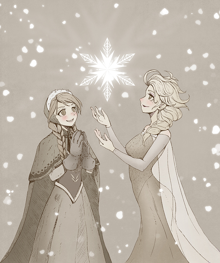 2girls anna_(frozen) bad_id bad_pixiv_id blush braid cape capelet delant elsa_(frozen) frozen_(disney) hachifuku long_hair monochrome multiple_girls siblings sisters smile snow snowflakes