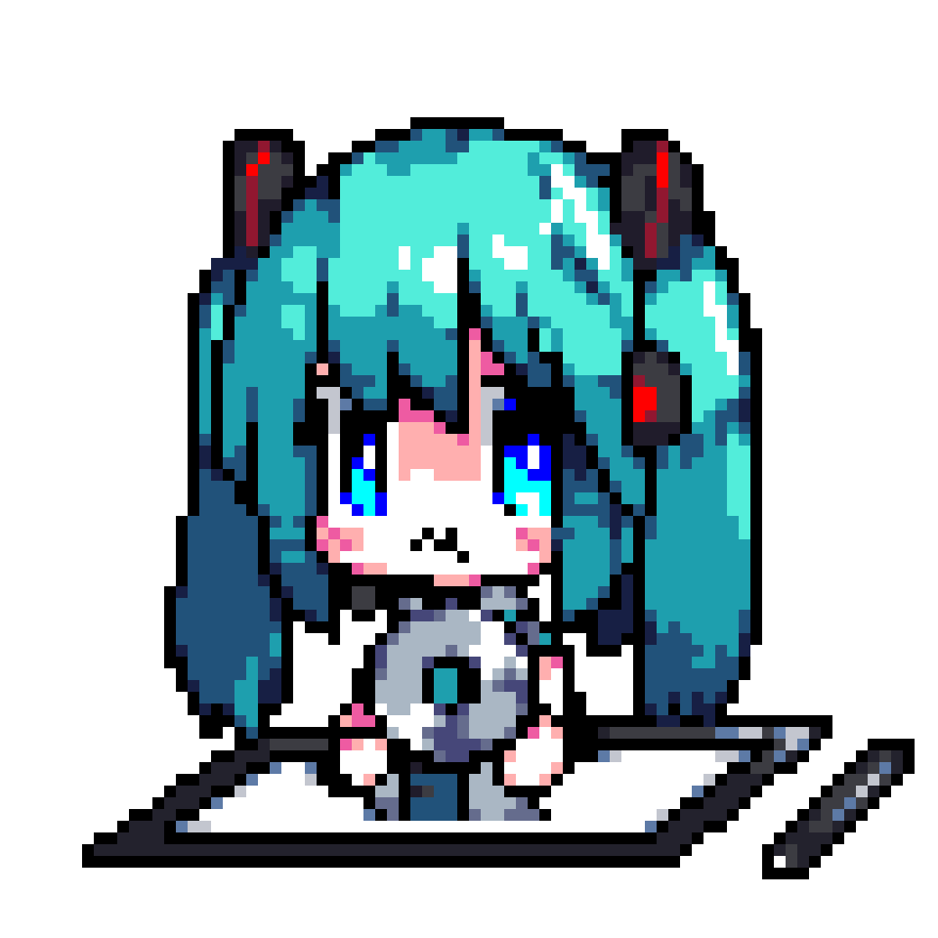 1girl animated animated_gif blue_eyes blue_hair blue_necktie cd chewing downvote_(downvote_me) drawing_tablet eating grey_shirt hatsune_miku holding_cd long_hair looking_at_viewer necktie pixel_art shirt sleeveless sleeveless_shirt solo stylus through_medium through_screen twintails upper_body vocaloid white_background