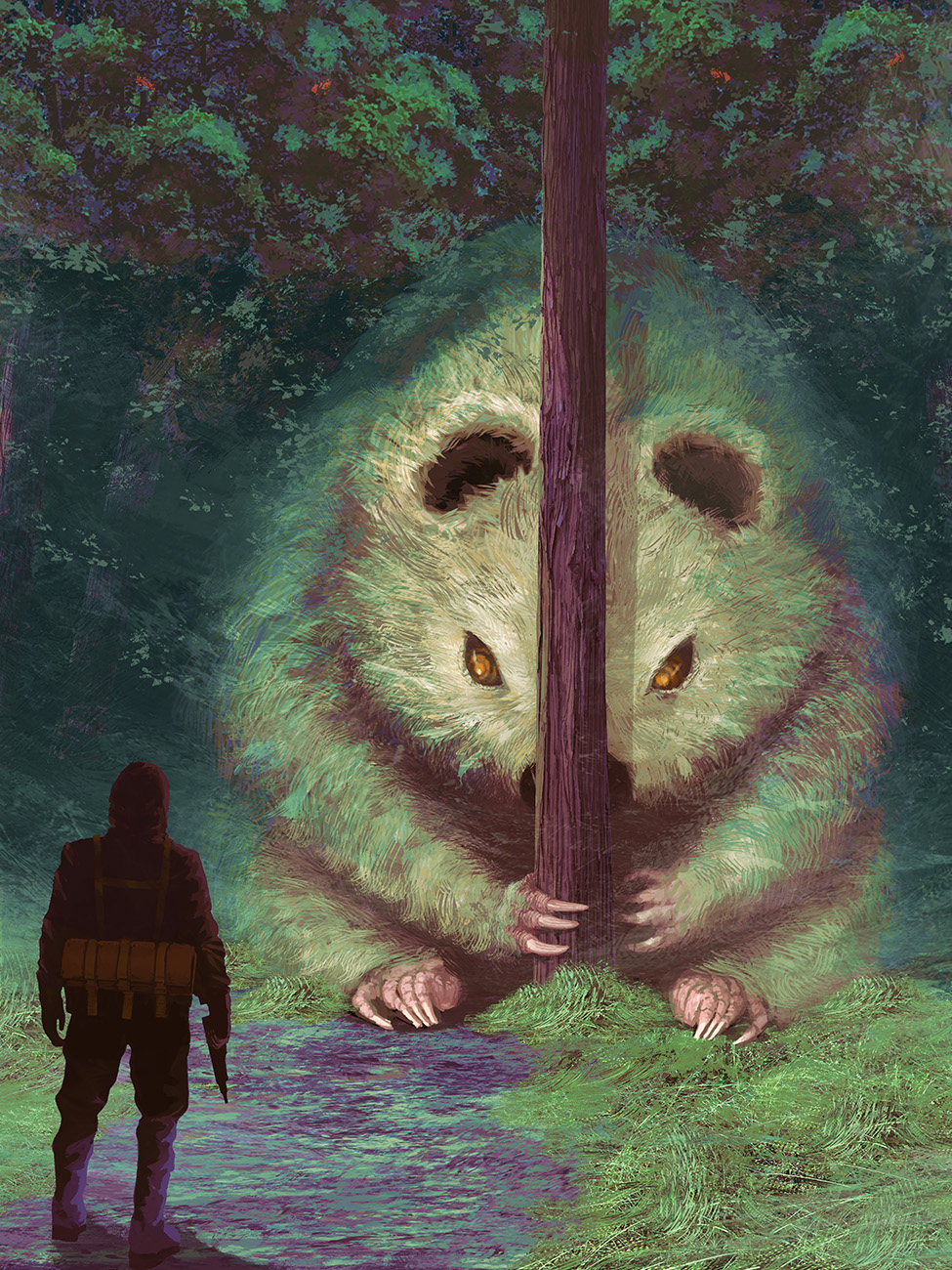 1other ambiguous_gender animal bag beaver bodysuit boots claws forest from_behind hiding highres knee_boots looking_at_another nature original outdoors oversized_animal red_bodysuit standing toy(e) tree yellow_eyes yuugai_choujuu