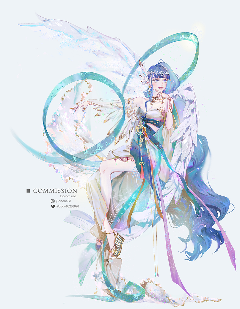 1girl asymmetrical_hair bare_shoulders blue_eyes blue_hair blue_nails blue_sash blunt_bangs bracelet breasts circlet claw_ring cleavage commission crop_top earrings feather_hair_ornament feather_sleeves feathered_wings feathers full_body gold_bracelet gold_necklace hagoromo hair_behind_ear hair_ornament hand_on_own_chin hoop_earrings instagram_username invisible_chair jewelry juanone88 leg_tattoo light_blush long_hair long_skirt long_sleeves looking_to_the_side medium_breasts midriff multiple_rings necklace off-shoulder_shirt off_shoulder original outstretched_arm parted_lips platform_sandals red_lips ring sandals sash shawl shirt side_slit simple_background single_hair_intake single_sidelock single_sleeve sitting skirt smile solo tattoo twitter_username very_long_hair wavy_hair wedge_heels white_background white_shirt white_skirt white_wings wings yaopei