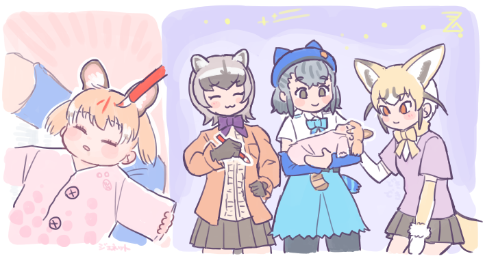 4girls :3 aged_down alternate_costume animal_ears baby beret black_gloves black_pantyhose black_skirt blonde_hair blue_headwear blue_skirt blush bow bowtie center_frills closed_eyes cowboy_shot crab-eating_raccoon_(kemono_friends) elbow_gloves extra_ears fox_ears fox_girl fox_tail frilled_sleeves frills gloves grey_hair hair_between_eyes hat high-waist_skirt imnim_leef jacket kemono_friends kemono_friends_3 large-spotted_genet_(kemono_friends) multicolored_hair multiple_girls open_clothes open_jacket orange_eyes orange_jacket pajamas pantyhose pink_pajamas pink_shirt pleated_skirt puffy_sleeves purple_bow purple_bowtie raccoon_ears raccoon_girl raccoon_tail rueppell&#039;s_fox_(kemono_friends) shirt short_hair short_sleeves skirt smile tail translated white_hair white_shirt yellow_bow yellow_bowtie yellow_gloves