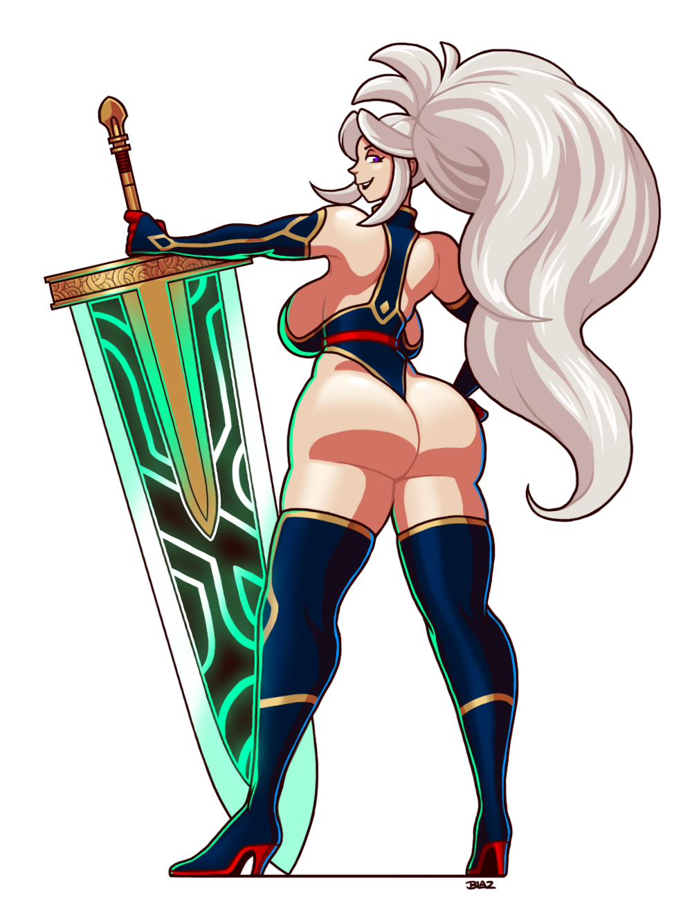 ass blazbaros bodysuit boots breasts curvy glowing gold_trim high_heel_boots high_heels highres holding holding_weapon huge_ass huge_sword huge_weapon large_breasts looking_at_viewer looking_back looking_over_shoulder ponytail purple_eyes seductive_smile smile sword thick_thighs thighhighs thighs warrior weapon white_hair wide_hips wild_hair