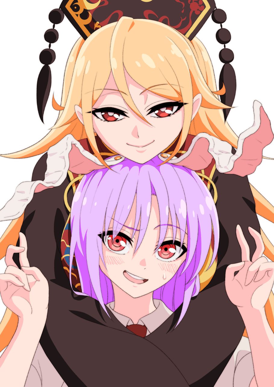 2girls animal_ears blonde_hair blush bow bowtie breasts brown_dress brown_headwear chinese_clothes closed_mouth collared_shirt crescent crescent_print double_v dress hair_between_eyes hands_up hat highres hug hug_from_behind junko_(touhou) junko_day large_breasts long_hair long_sleeves looking_at_another looking_at_viewer looking_up mandarin_collar multiple_girls necktie open_mouth phoenix_crown pom_pom_(clothes) puffy_short_sleeves puffy_sleeves purple_hair rabbit_ears red_necktie red_tabard reisen_udongein_inaba shiguma_(signalmass) shirt short_sleeves sidelocks simple_background standing sweatdrop tabard teeth tongue touhou v white_background white_shirt wide_sleeves yellow_bow yellow_bowtie yuri