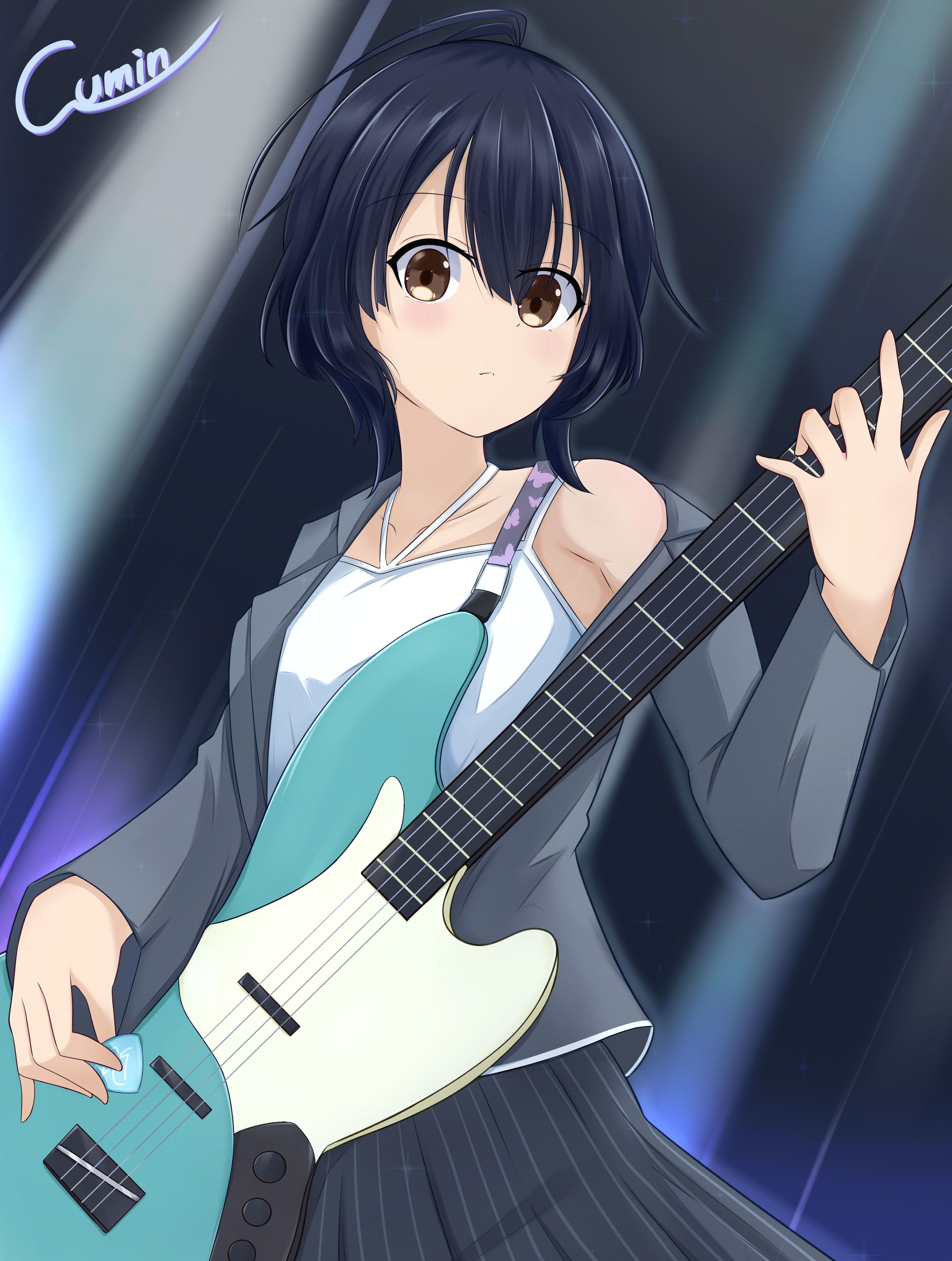1girl 22/7 absurdres artist_name bass_guitar blue_hair brown_eyes closed_mouth collarbone cowboy_shot dark_blue_hair fender_jazz_bass grey_jacket guitar_strap highres holding holding_plectrum instrument jacket long_sleeves looking_at_viewer pleated_skirt plectrum shirt short_hair single_bare_shoulder skirt sleeveless solo sparkle stage_lights takigawa_miu takumitu_711 white_shirt