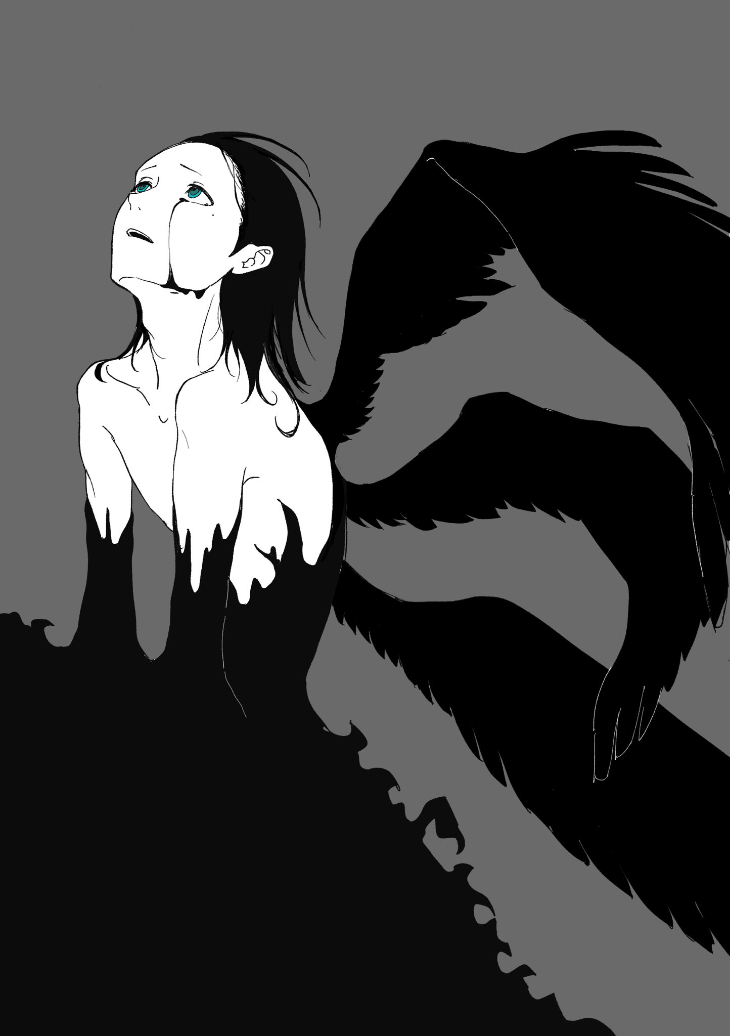 1boy blue_eyes collarbone crying crying_with_eyes_open feathered_wings grey_background greyscale hair_slicked_back highres looking_up male_focus mochizuki_ryouji mole mole_under_eye monochrome multiple_wings nude open_mouth otoko_haza persona persona_3 ringed_eyes sideburns simple_background solo spoilers spot_color streaming_tears tears wings