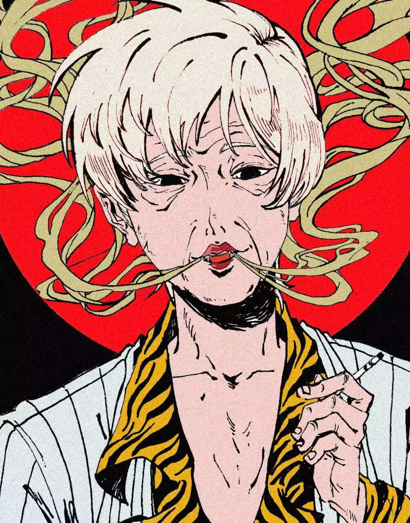 1girl akagi_shigeru animal_print black_background black_eyes blowing_smoke cigarette collared_shirt empty_eyes fukumoto_mahjong genderswap genderswap_(mtf) grey_hair grey_jacket holding holding_cigarette jacket looking_at_viewer nanji_yuan_zhumin old old_woman open_mouth orange_shirt print_shirt red_background shirt short_hair smile smoke smoking solo striped_clothes striped_jacket ten_(manga) tiger_print upper_body vertical-striped_clothes vertical-striped_jacket