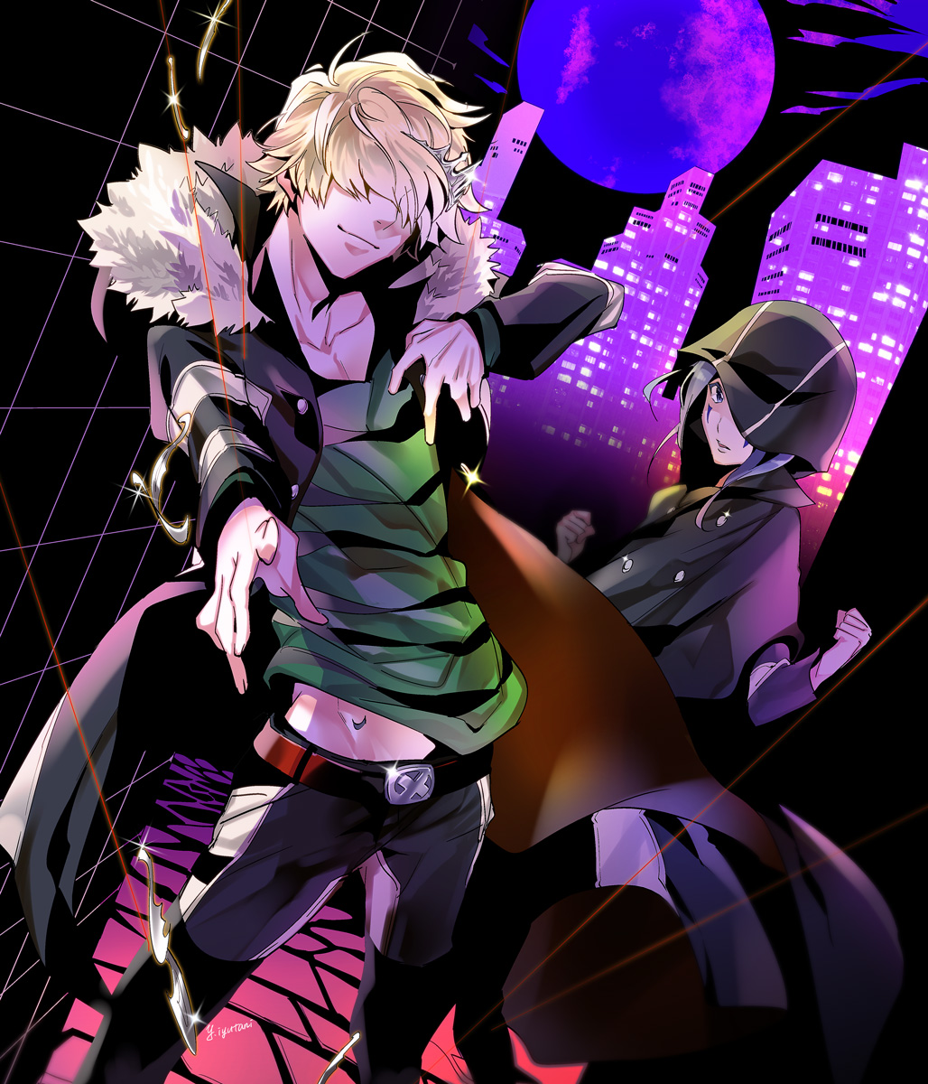 belphegor_(reborn) blonde_hair city closed_mouth commentary_request hair_over_eyes highres iyutani katekyo_hitman_reborn! looking_at_viewer male_focus mammon_(reborn) midriff_peek moon multiple_boys shirt smile striped_clothes striped_shirt tiara varia