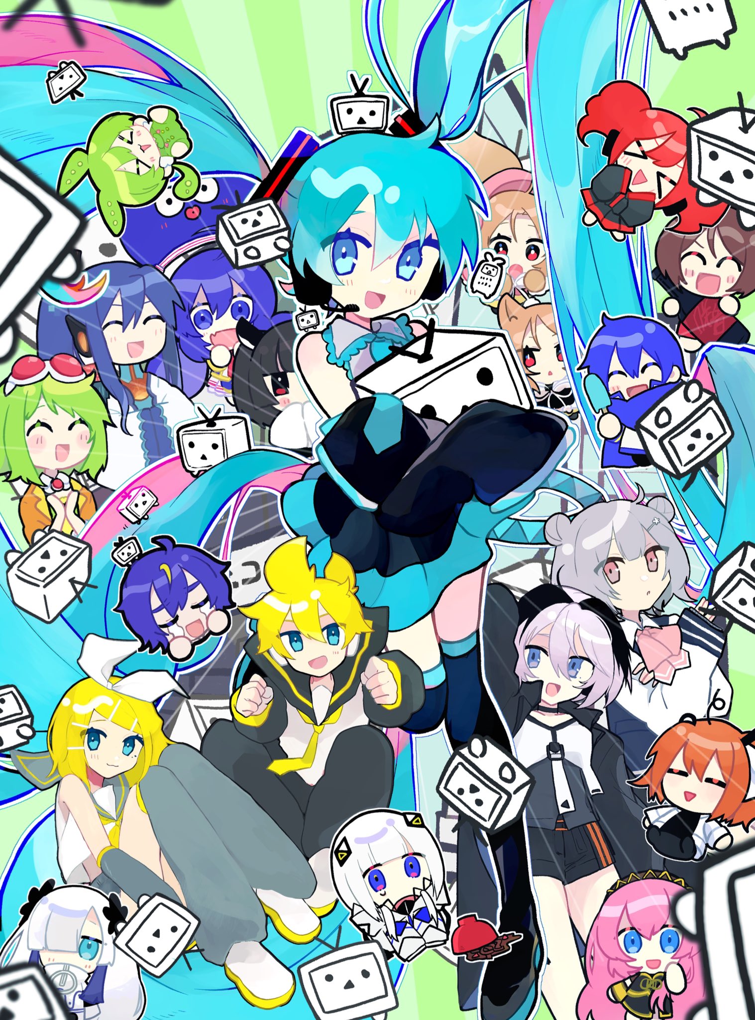 6+girls adachi_rei black_footwear black_hair black_pants black_sailor_collar black_sleeves blonde_hair blue_eyes blue_hair blue_skirt boots bottle bowl brown_hair cevio character_request chibi closed_eyes detached_sleeves double_bun food full_body goggles goggles_on_head green_hair grey_hair grey_pants gumi hair_between_eyes hair_bun hair_over_one_eye hatsune_miku highres kafu_(cevio) kagamine_len kagamine_rin kaito_(vocaloid) kamui_gakupo kasane_teto koharu_rikka long_bangs long_hair looking_at_viewer megurine_luka meiko_(vocaloid) multiple_girls necktie niconico noodles open_mouth orange_hair otomachi_una pants pink_hair popsicle purple_eyes purple_hair red_eyes red_hair sailor_collar shirt short_hair skirt smile takamiya_yuu television terebi-chan thigh_boots touhoku_kiritan udon upper_body utau very_long_hair vocaloid voiceroid voicevox white_hair white_shirt wine_bottle yellow_necktie zipper zundamon