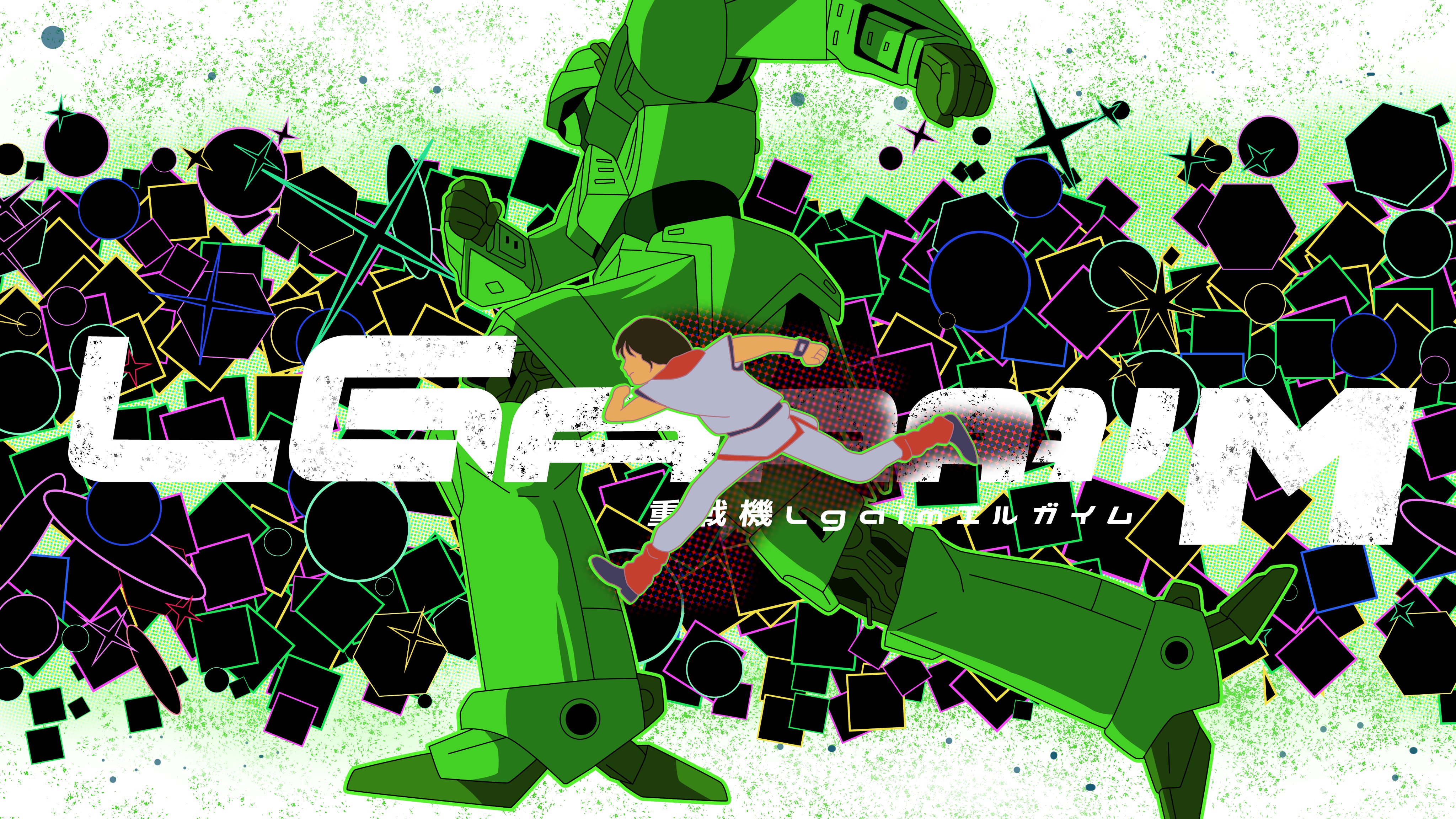 1boy absurdres brown_hair company_connection copyright_name daba_myroad gundam gundam_gquuuuuux highres juusenki_l-gaim l-gaim mecha pants parody reprilo_channel retro_artstyle robot running scene_reference science_fiction sleeveless sunrise_(company)