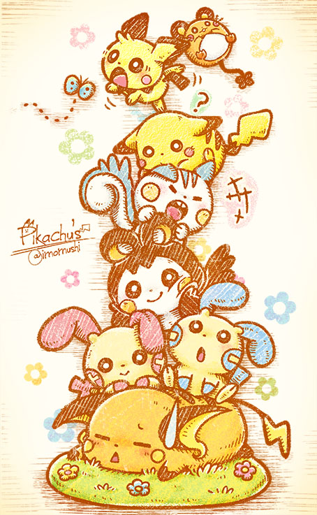 artist_name bright_pupils bug butterfly character_name closed_eyes commentary_request dedenne emolga flower gen_1_pokemon gen_2_pokemon gen_3_pokemon gen_4_pokemon gen_5_pokemon gen_6_pokemon imomushi_(pixiv_9001433) insect minun nintendo no_humans open_mouth pachirisu pichu pikachu plusle pokemon pokemon_(creature) raichu smile sweatdrop white_pupils