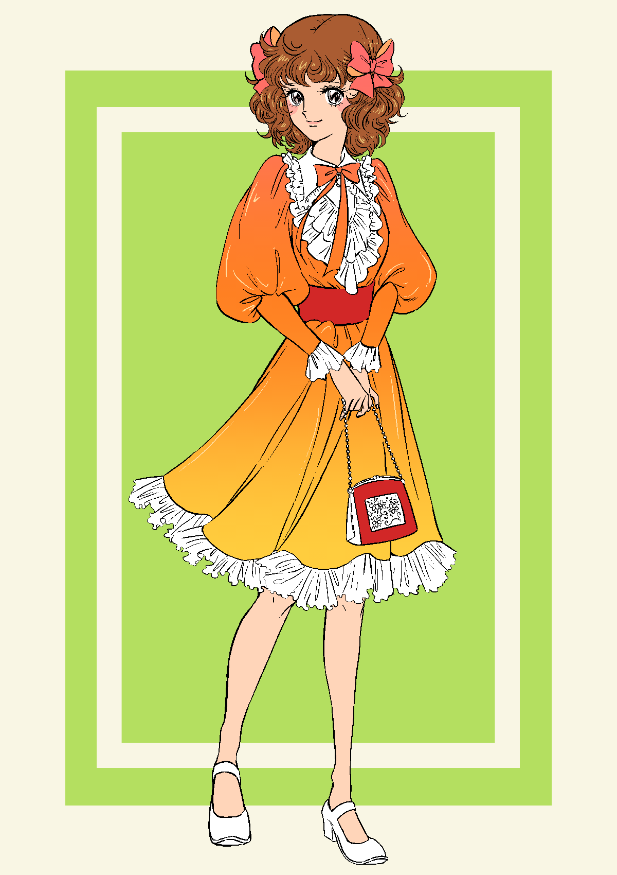 1girl bag black_eyes blush_stickers bow brown_hair curly_hair dress frilled_dress frills full_body hair_bow handbag highres holding holding_bag juliet_sleeves long_sleeves medium_dress medium_hair misonoo_nanako mugicha_(zoro1132) oniisama_e... orange_dress puffy_sleeves smile solo