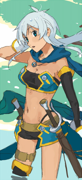 1girl bare_shoulders blue_eyes breasts cleavage dark_skin elbow_gloves gloves jewelry long_hair midriff navel open_mouth ring rondorine_e._effenberg scarf short_shorts shorts silver_hair sword tales_of_(series) tales_of_phantasia tales_of_phantasia:_narikiri_dungeon tales_of_phantasia:_narikiri_dungeon_x thighhighs weapon