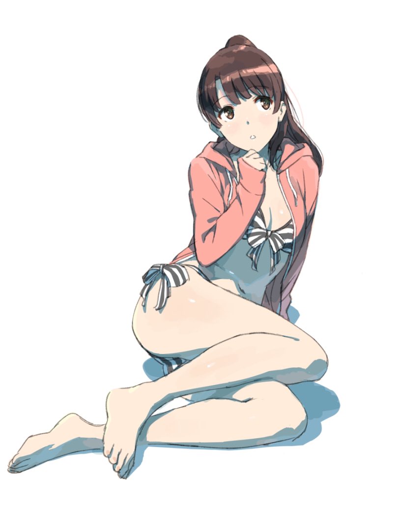 1girl arm_support bad_id bad_twitter_id bare_legs barefoot bikini breasts brown_eyes brown_hair cleavage feet female_focus front-tie_bikini_top front-tie_top full_body hand_to_own_mouth hood hooded_jacket hoodie jacket katou_megumi long_hair long_sleeves looking_away medium_breasts navel open_clothes open_jacket ponytail saenai_heroine_no_sodatekata side-tie_bikini_bottom simple_background sitting sleeves_past_wrists solo striped_bikini striped_clothes swimsuit takase_tomoaki white_background yokozuwari