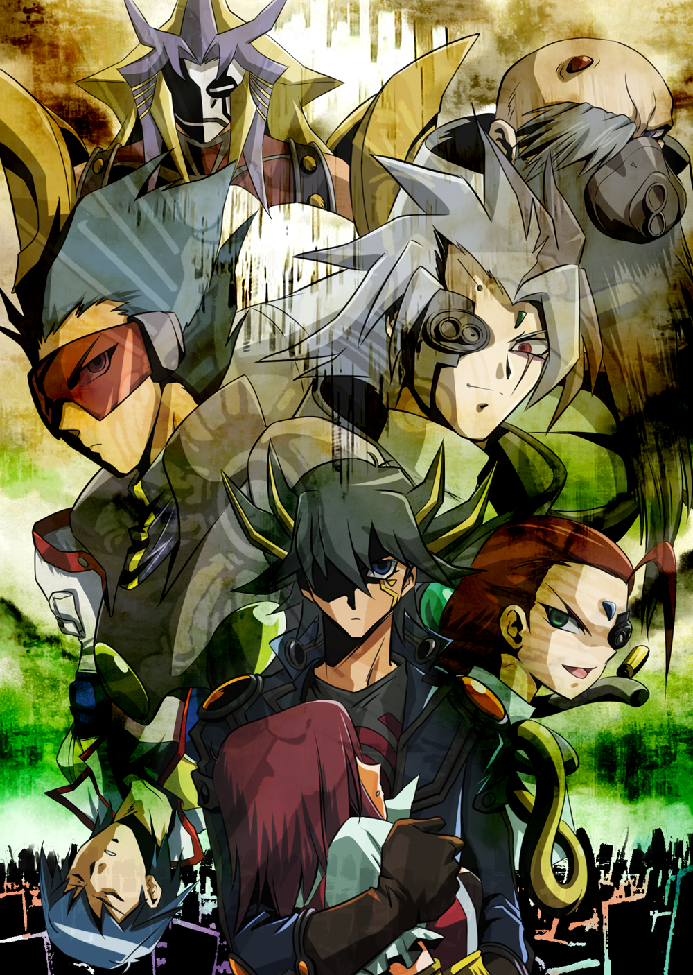 1girl 6+boys antinomy artificial_eye ashi_ura bald beard black_eyes black_hair black_shirt blonde_hair blue_hair bomber_jacket border brown_gloves city cityscape closed_eyes colored_bangs elbow_gloves elbow_pads facial_hair facial_mark facing_to_the_side facing_viewer forehead_jewel fudo_yusei gloves gold_trim green_eyes grey_beard grey_hair hair_slicked_back highres izayoi_aki jacket jose_(yu-gi-oh!) long_beard looking_at_viewer looking_to_the_side lucciano male_focus mask multiple_boys open_clothes open_jacket ornate_border paradox_(yu-gi-oh!) placido popped_collar red-eye_effect red_hair red_shirt red_visor respirator shirt shoulder_pads skyline sleeveless sleeveless_shirt spiked_hair striped_clothes striped_shirt white_jacket yu-gi-oh! yu-gi-oh!_3d_bonds_beyond_time yu-gi-oh!_5d&#039;s