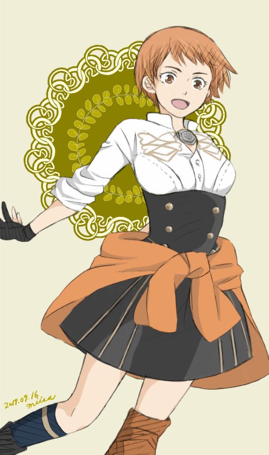 1girl 2019 breasts cowboy_shot dated female_focus fire_emblem fire_emblem:_three_houses garreg_mach_monastery_uniform gloves leonie_pinelli matching_hair/eyes medium_breasts miisa nintendo open_mouth orange_eyes orange_hair outstretched_arms partially_fingerless_gloves short_hair signature sleeves_rolled_up solo