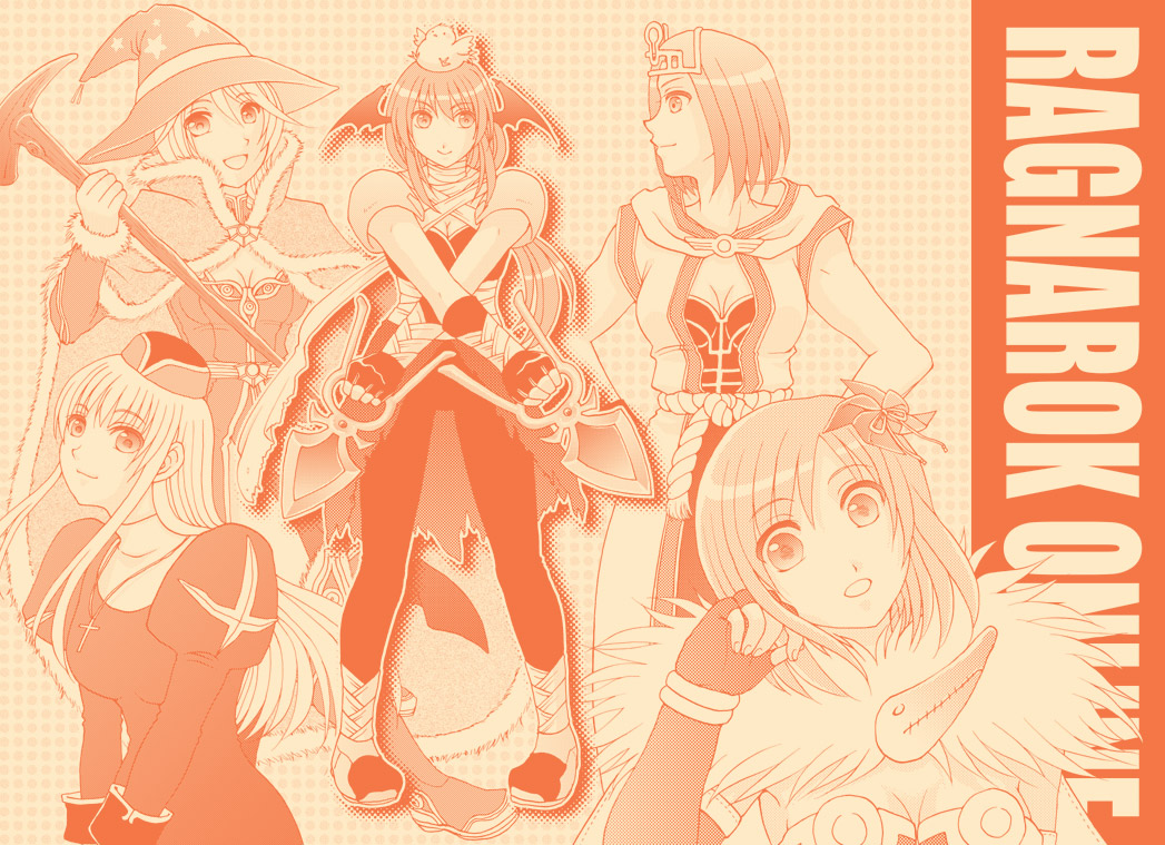5girls alchemist_(ragnarok_online) animal animal_on_head armor assassin_(ragnarok_online) bandages_over_clothes bird bird_on_head biretta breasts cape circlet cleavage closed_mouth coat commentary_request cross cross_necklace dagger demon_wings dress fingerless_gloves full_body fur-trimmed_cape fur_collar fur_trim gloves hat head_wings holding holding_dagger holding_knife holding_staff holding_weapon jamadhar jewelry juliet_sleeves knife long_hair long_sleeves looking_at_viewer medium_breasts minamikaze_natsu monk_(ragnarok_online) multiple_girls necklace on_head open_mouth orange_theme pants pauldrons pinwheel_hair_ornament priest_(ragnarok_online) puffy_sleeves ragnarok_online shirt short_hair shoulder_armor sitting smile staff star_(symbol) star_print weapon wings witch_hat wizard_(ragnarok_online)