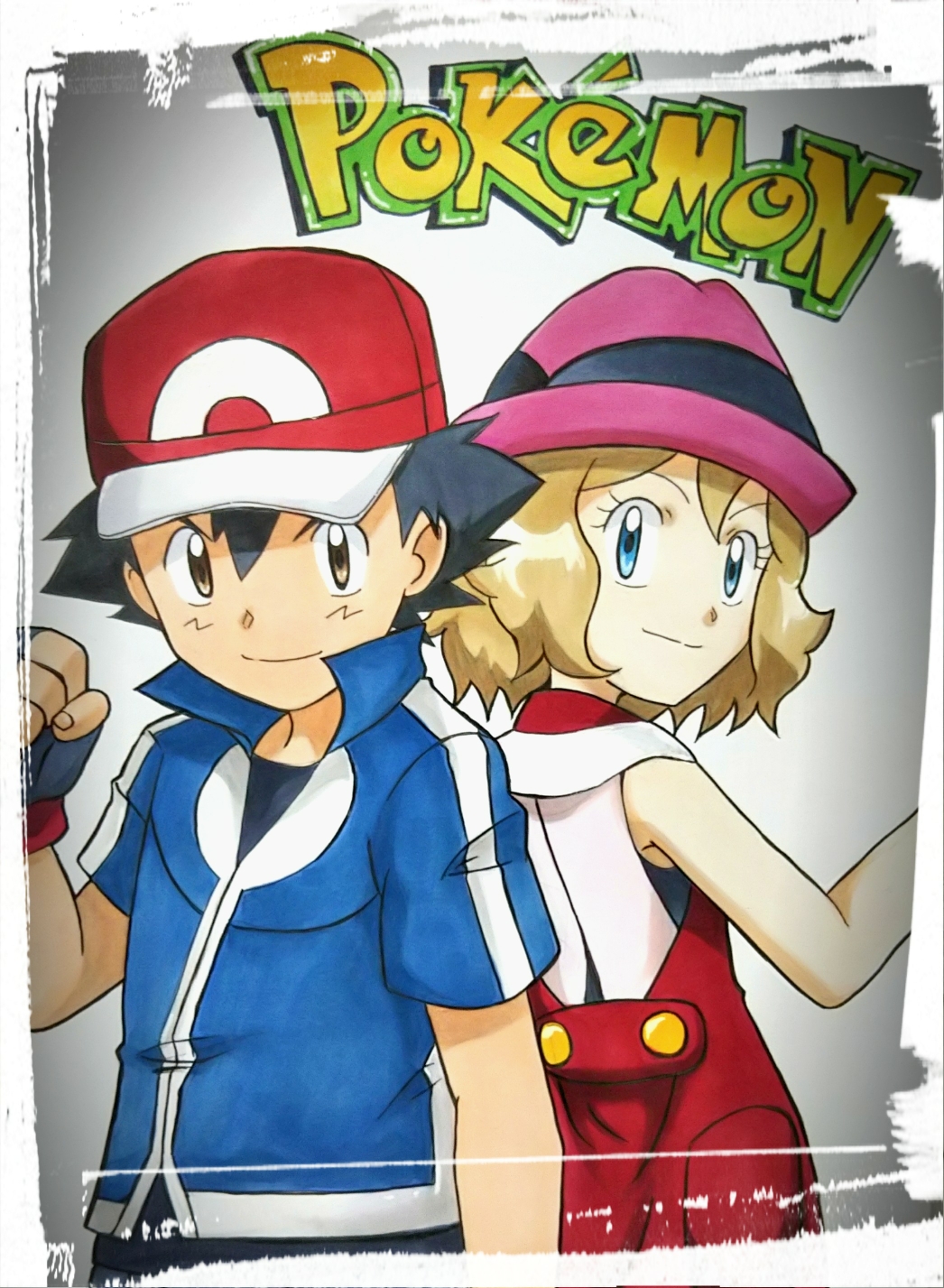 1boy 1girl ash_ketchum black_gloves black_hair black_shirt blonde_hair blue_eyes blue_jacket brown_eyes closed_mouth commentary_request copyright_name creatures_(company) eyelashes fingerless_gloves game_freak gloves hair_between_eyes hand_up hat highres jacket looking_at_viewer marker_(medium) nintendo pokemon pokemon_(anime) pokemon_xy_(anime) red_hat serena_(pokemon) shirt short_hair smile split_mouth traditional_media zao_(beans-alliance)