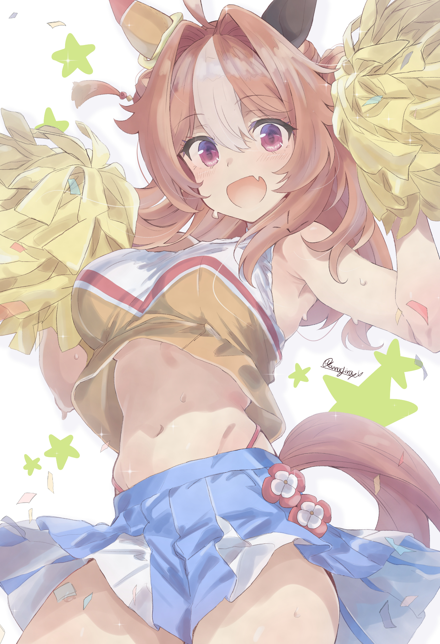 1girl ahoge animal_ears breasts brown_hair cheerleader copano_rickey_(umamusume) fang hair_ornament highres horse_ears horse_girl horse_tail kannagiray long_hair looking_at_viewer medium_breasts navel panties pom_pom_(cheerleading) purple_eyes simple_background solo star_(symbol) sweat tail umamusume underwear white_background