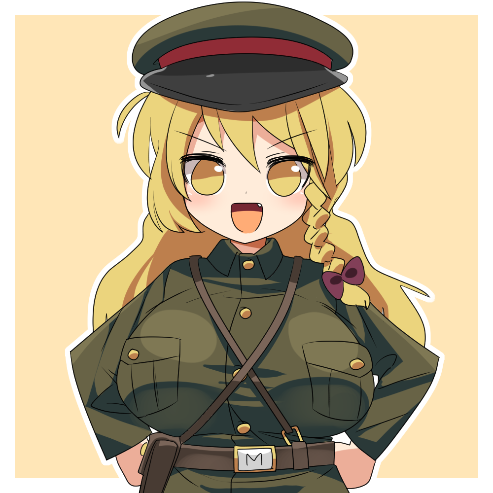 1girl :d belt blonde_hair blush braid breasts brown_belt coat commentary_request cookie_(touhou) fang green_coat green_hat hands_on_own_hips hat holster kirisame_marisa large_breasts lets0020 long_hair long_sleeves looking_at_viewer mikami_makoto military_hat military_uniform open_mouth peaked_cap side_braid simple_background single_braid smile solo touhou two-tone_background upper_body white_background yellow_background yellow_eyes