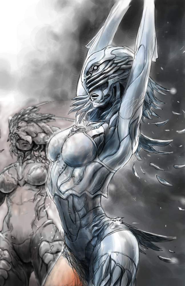 1girl armpits breasts colored_skin crane_orphnoch grey_skin izo_(bjc000510) kamen_rider kamen_rider_555 lips long_hair medium_breasts monster monster_girl open_mouth short_hair solo