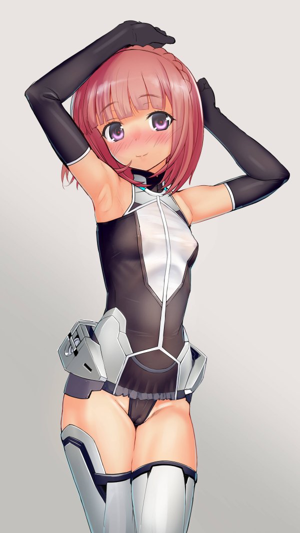 1girl aikawa_aika alice_gear_aegis armpits arms_up bare_shoulders black_gloves blush braid breasts cameltoe covered_erect_nipples crown_braid elbow_gloves gloves leotard looking_at_viewer purple_eyes red_hair sasayuki short_hair small_breasts smile solo thighhighs