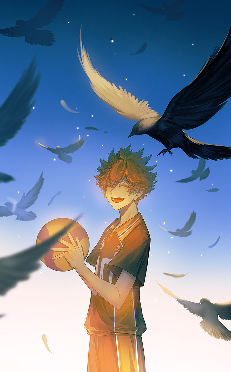 1boy :d ^_^ animal ball basketball_(object) bird black_bird black_shirt brown_hair chinese_commentary closed_eyes commentary_request cowboy_shot crow facing_viewer gradient_background haikyuu!! highres hinata_shouyou hiyoriii holding holding_ball light_particles male_focus open_mouth shirt short_hair short_sleeves smile solo standing