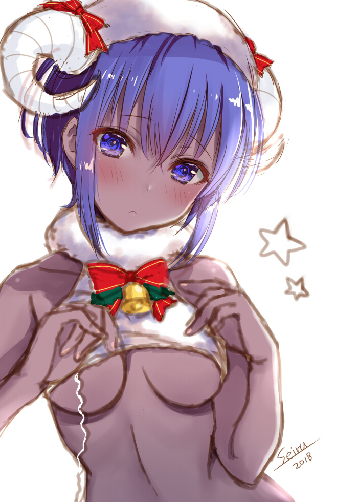 2018 bare_shoulders blush breasts closed_mouth collarbone crop_top curled_horns dark-skinned_female dark_skin fate/prototype fate/prototype:_fragments_of_blue_and_silver fate_(series) fingernails hair_between_eyes hands_up hassan_of_serenity_(fate) hassan_of_serenity_(merry_sheep)_(fate) head_tilt horns medium_breasts purple_eyes purple_hair seiru_(prairie) sheep_horns signature sketch solo star_(symbol) underboob upper_body wool