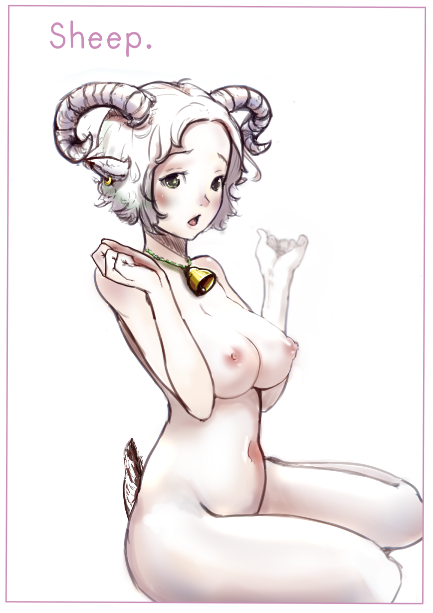 1girl animal_ears bell breasts chestnut_mouth cowbell diathorn earrings english_text feet_out_of_frame furrowed_brow green_eyes groin hands_up highres horns jewelry medium_breasts navel neck_bell nipples nude open_mouth original pose_request sheep_ears sheep_girl sheep_horns sheep_tail short_hair simple_background single_earring solo tail tareme white_background white_hair