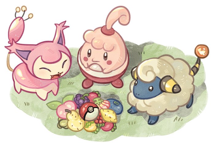 :d berry_(pokemon) blush_stickers closed_eyes closed_mouth fangs game_freak gen_2_pokemon gen_3_pokemon gen_4_pokemon grass happiny kong_(6ki3ki) mareep nintendo no_humans open_mouth oran_berry poke_ball poke_ball_(basic) pokemon pokemon_(creature) pokemon_focus sitrus_berry skitty smile standing