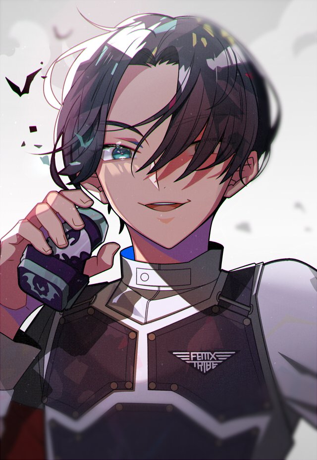 1boy aqua_eyes armband armor bat_(animal) bat_genome black_hair commentary evil_eyes evil_grin evil_smile fenix_uniform grin henshin hito01 holding igarashi_daiji kagerou_(kamen_rider_revice) kamen_rider kamen_rider_revice looking_at_viewer male_focus possessed short_hair simple_background smile sword symbol-only_commentary upper_body vest villain_pose vistamp weapon