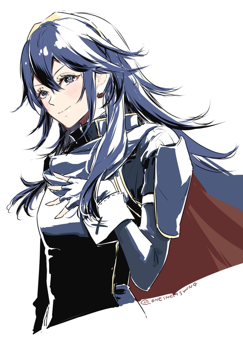 1girl armor blue_eyes blue_hair blue_shirt blue_tunic cape closed_mouth commentary dark_blue_hair fire_emblem fire_emblem_awakening hair_behind_ear hair_between_eyes hair_ornament hand_on_own_chest hand_up highres long_hair looking_to_the_side lucina_(fire_emblem) nintendo profile shirt shoulder_armor simple_background sketch smile solo tiara tunic turtleneck twitter_username two-sided_fabric two-tone_cape umi_(_oneinchswing) white_background white_wrist_cuffs wrist_cuffs