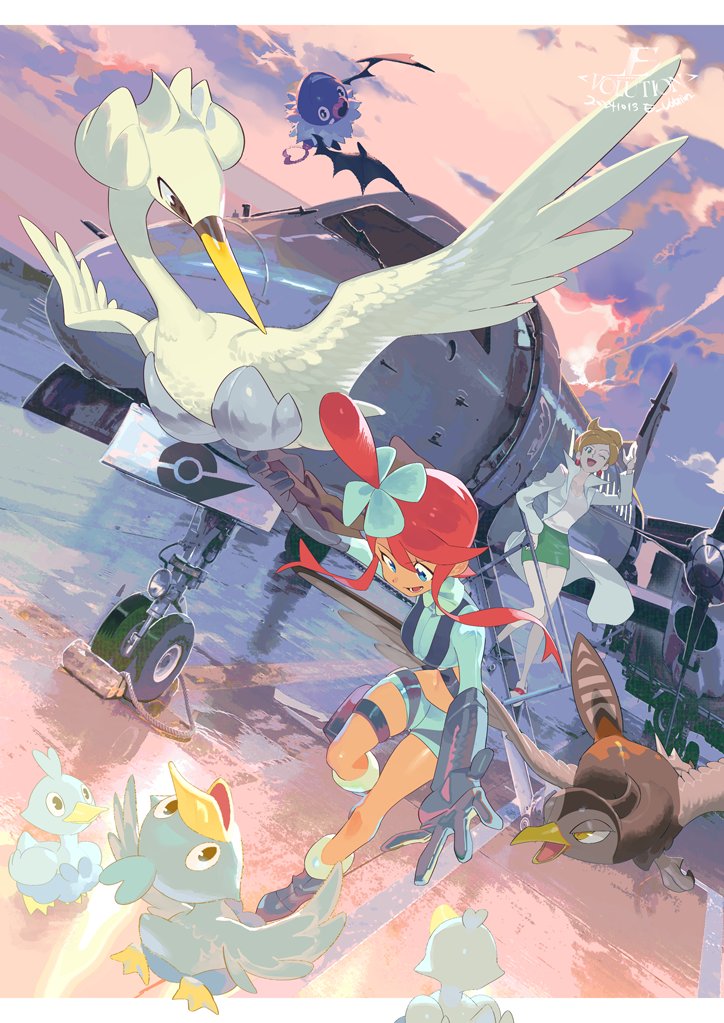 2girls :d aircraft airplane aurea_juniper blue_eyes boots cloud coat day ducklett e_volution game_freak gen_5_pokemon green_skirt hair_ornament jacket looking_down multiple_girls nintendo one_side_up open_mouth outdoors pokemon pokemon_(creature) pokemon_bw pouch shorts sidelocks skirt sky skyla_(pokemon) smile swanna swoobat thigh_pouch unfezant unfezant_(female) watermark