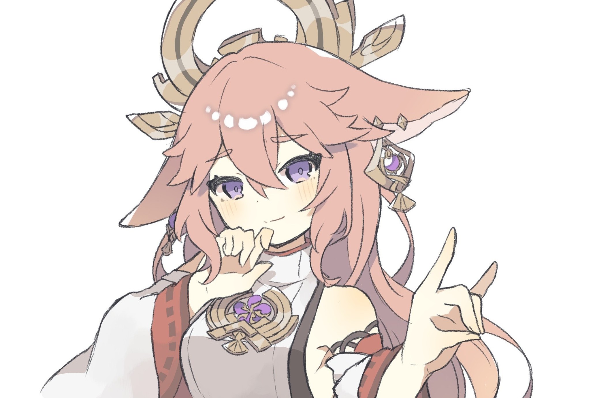 animal_ears detached_sleeves earrings floppy_ears fox_ears fox_shadow_puppet genshin_impact hand_to_own_mouth highres japanese_clothes jewelry komano_shia pink_hair purple_eyes simple_background smile upper_body white_background wide_sleeves yae_miko
