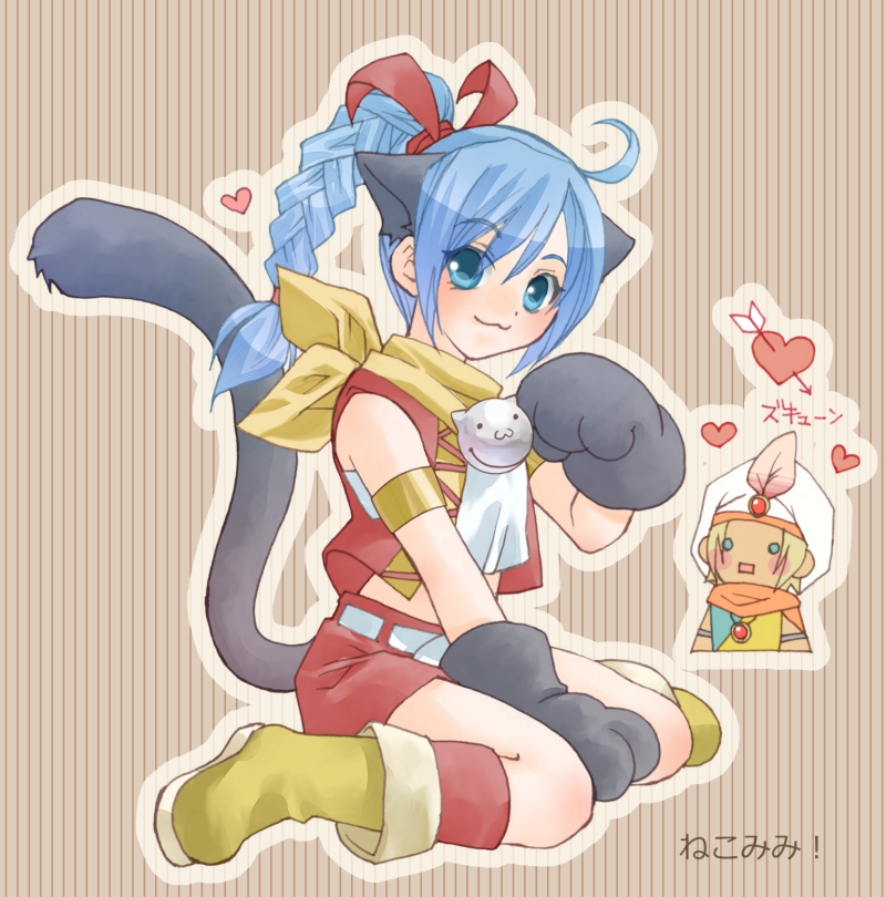 1boy 1girl :3 ahoge animal_ears animal_hands aqua_eyes arm_between_legs armlet arrow_through_heart bell blonde_hair blue_eyes blue_hair boots braid braided_ponytail cat_ears cat_girl cat_paws cat_tail commentary_request cropped_shirt dragon_quest dragon_quest_xi faris_(dq11) gem gold_armlet hair_ribbon hat_feather heart jewelry looking_at_viewer looking_to_the_side mame2013 maya_(dq11) neck_bell neckerchief necklace orange_scarf red_gemstone red_ribbon red_shorts red_socks red_vest ribbon scarf shirt shorts silver_armlet sitting socks striped_background tail translation_request turban vest wariza white_shirt yellow_boots yellow_neckerchief yellow_trim