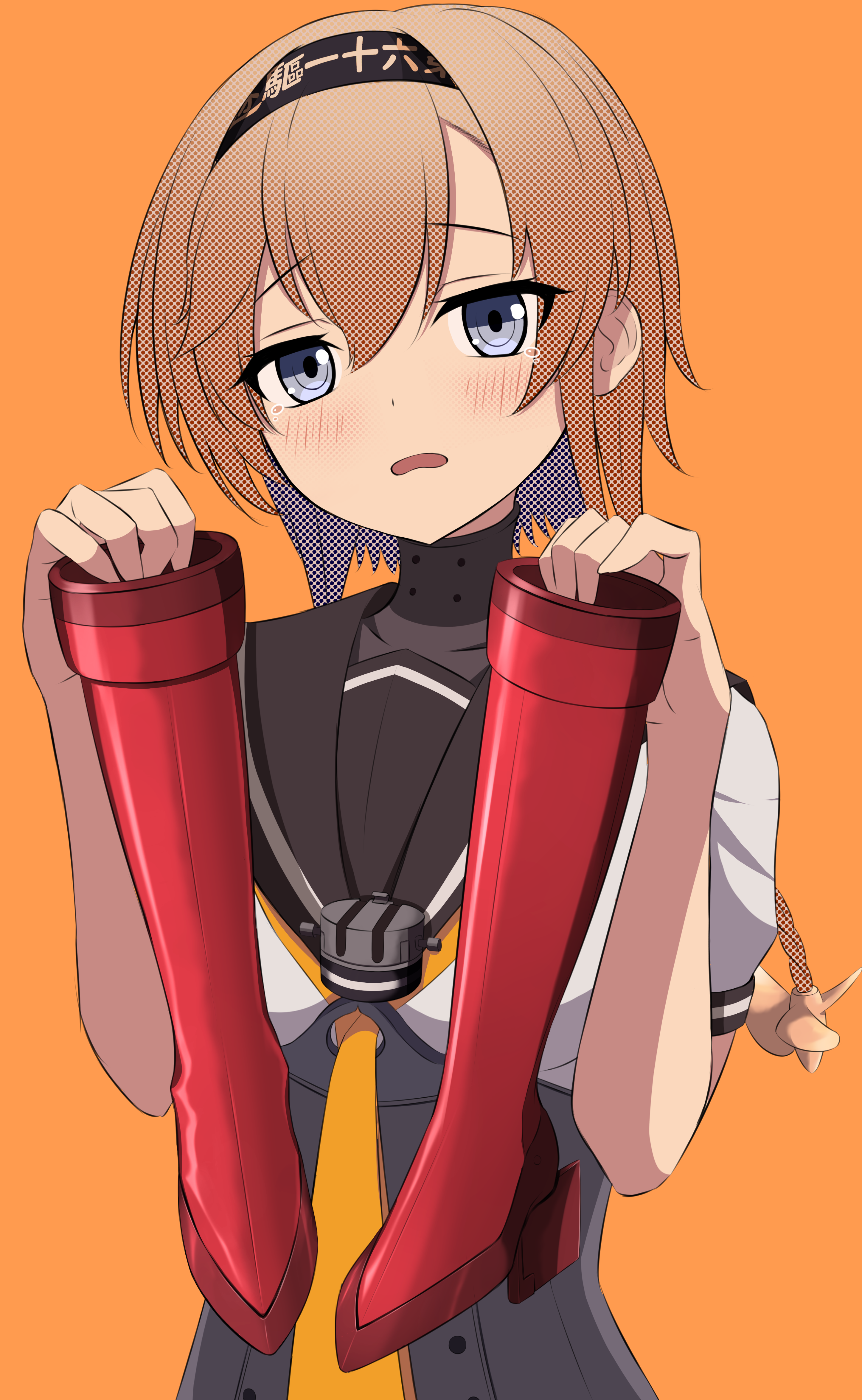 1girl absurdres black_headwear black_sailor_collar blue_eyes blush brown_hair clothes_writing hachimaki hair_between_eyes headband highres kantai_collection long_hair looking_at_viewer neckerchief nokonoko open_mouth orange_background orange_neckerchief puffy_short_sleeves puffy_sleeves rudder_footwear sailor_collar school_uniform serafuku short_sleeves simple_background solo tears teruzuki_(kancolle) upper_body