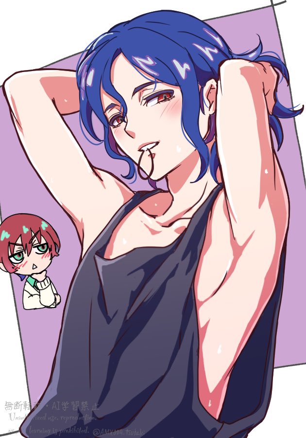 1boy 1girl amate_yuzuriha aqua_eyes blue_hair blush border chibi chibi_inset colored_inner_hair gundam gundam_gquuuuuux hair_tie_in_mouth looking_at_viewer mouth_hold multicolored_hair open_mouth purple_background purple_hair red_eyes red_hair short_hair shuji_ito simple_background sleeveless smile sweater tank_top triangle_mouth tsubaki_pbwfa two-tone_hair upper_body white_border