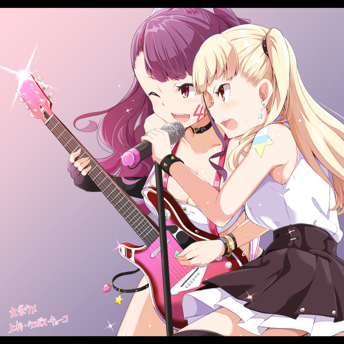 2girls bare_shoulders blonde_hair blunt_bangs blush bow bracelet breasts cleavage duet fingerless_gloves gloves guitar hair_bow instrument jewelry kichihachi kujou_ume large_breasts letterboxed long_hair microphone microphone_stand multiple_girls one_eye_closed open_mouth purple_eyes purple_hair red_eyes single_glove sleeveless smile tattoo tokyo_7th_sisters two_side_up uesugi_u._kyouko wavy_hair