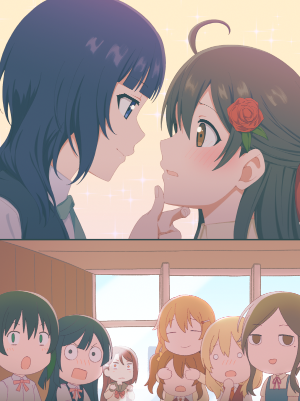 6+girls ahoge asaka_karin ayanokoji_himeno black_hair blue_eyes blue_hair christina_(love_live!) covering_own_eyes covering_privates eye_contact face-to-face flower hair_flower hair_ornament hand_on_another&#039;s_chin in-franchise_crossover konoe_haruka konoe_kanata long_hair looking_at_another love_live! love_live!_nijigasaki_high_school_idol_club medium_hair mole mole_under_eye multiple_girls nijigasaki_school_uniform red_flower red_rose rose sakurauchi_riko school_uniform shido_misaki swept_bangs takasaki_yu un403lucky yellow_eyes yuki_setsuna yuri