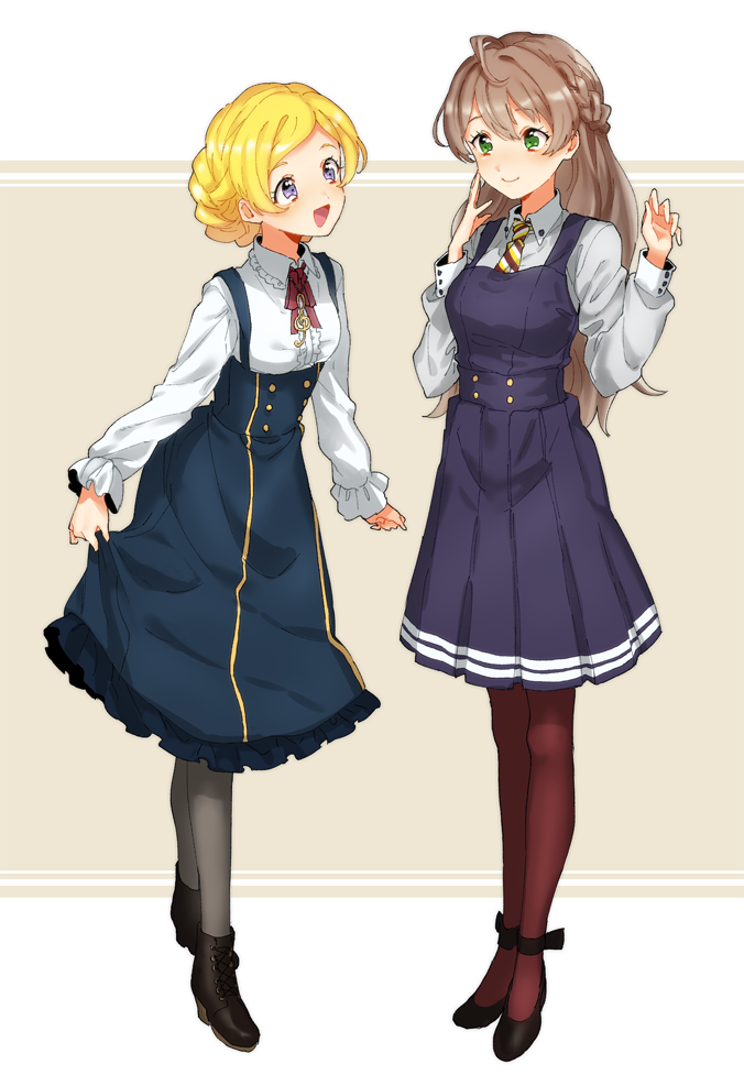 2girls :d ahoge alternate_costume alternate_hairstyle ankle_boots ankle_strap beige_background black_footwear blonde_hair blue_dress blue_skirt blush boots border braid breasts brown_footwear brown_hair brown_pantyhose closed_mouth cosplay costume_switch dot_nose dress emily_stewart frilled_skirt frills full_body green_eyes grey_pantyhose hair_between_eyes hands_up high_heels idolmaster idolmaster_million_live! idolmaster_million_live!_theater_days large_breasts light_brown_background long_sleeves looking_at_another multiple_girls musical_note_necklace neck_ribbon necktie open_mouth outside_border pantyhose pleated_skirt purple_dress purple_eyes purple_skirt red_ribbon ribbon sakuramori_kaori shiman shirt simple_background skirt skirt_hold small_breasts smile standing striped_necktie two-tone_necktie white_border white_shirt