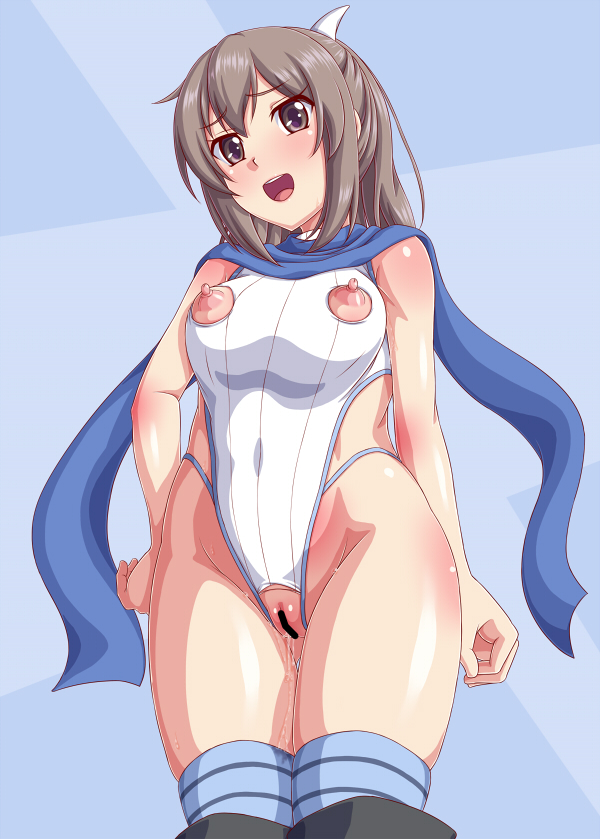 1girl bar_censor breasts brown_eyes censored cowboy_shot crotchless itai_no_wa_iya_nano_de_bougyoryoku_ni_kyokufuri_shitai_to_omoimasu large_breasts leotard light_brown_hair long_hair nipple_cutout nipples open_mouth pussy pussy_juice sally_(bofuri) scarf simple_background smile solo teeth tenrai_(temple) thighs upper_teeth_only