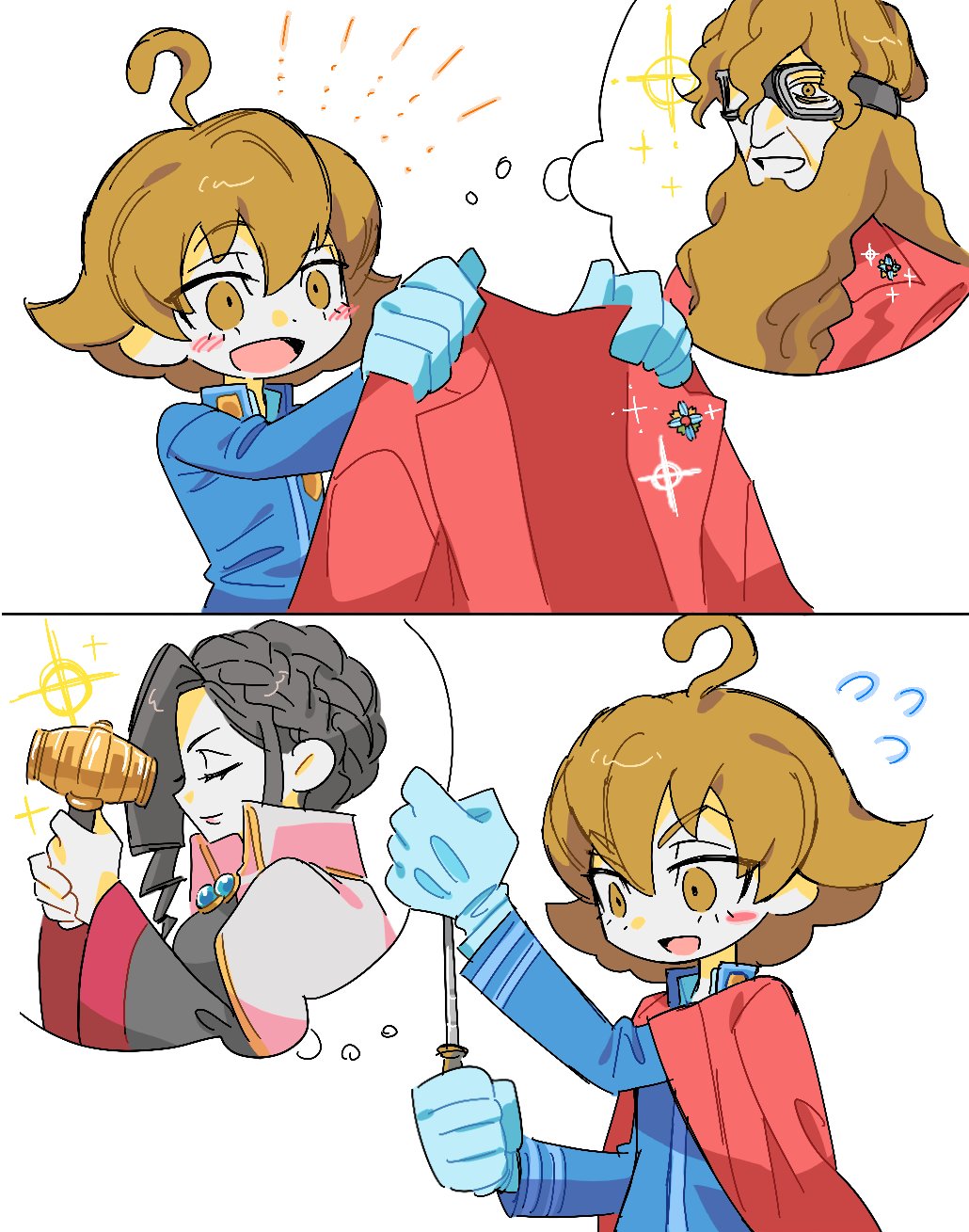 :d ace_attorney ace_attorney_investigations ace_attorney_investigations_2:_prosecutor&#039;s_gambit ahoge badge black_hair blue_gloves braid brown_eyes brown_hair chibi conductor_baton eustace_winner excelcius_winner facial_hair gloves goggles hammer highres holding holding_baton holding_hammer holding_jacket holding_unworn_clothes jacket jacket_on_shoulders male_focus open_mouth pose_imitation red_jacket school_uniform smile speech_bubble themis_legal_academy_school_uniform thought_bubble unworn_jacket verity_gavelle wktmqtj